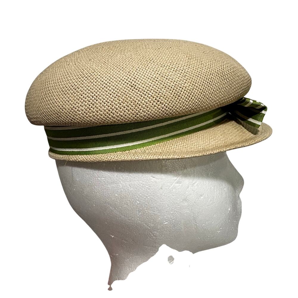 Vintage Union Made beige straw hat cap with green grosgrain ribbon trim hatband - Picture 5 of 8